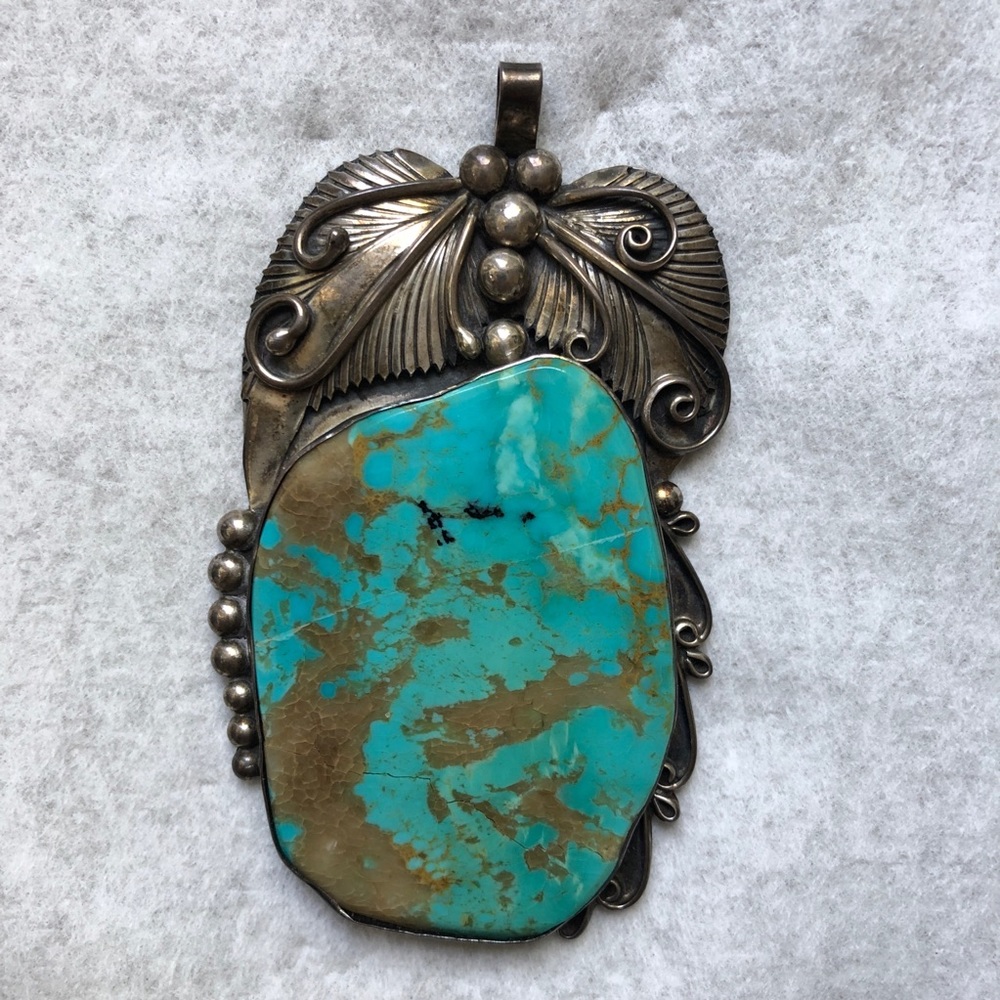 HUGE Vintage Navajo Kingman Turquoise 925 Sterling Silver Pendant Statemnt Piece - Picture 17 of 17